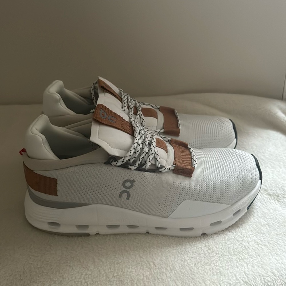 On Running White and Brown Sneakers